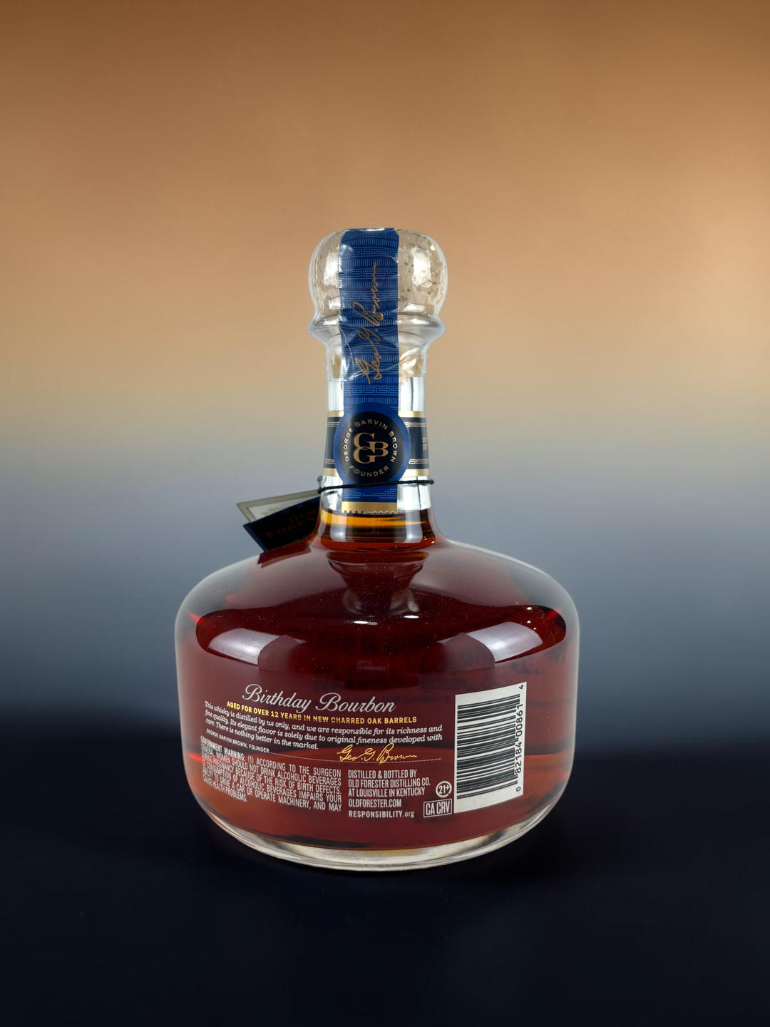 Primary Old Forester Birthday Bourbon 2025 25th Anniversary sweet mash bourbon bottle, back label.