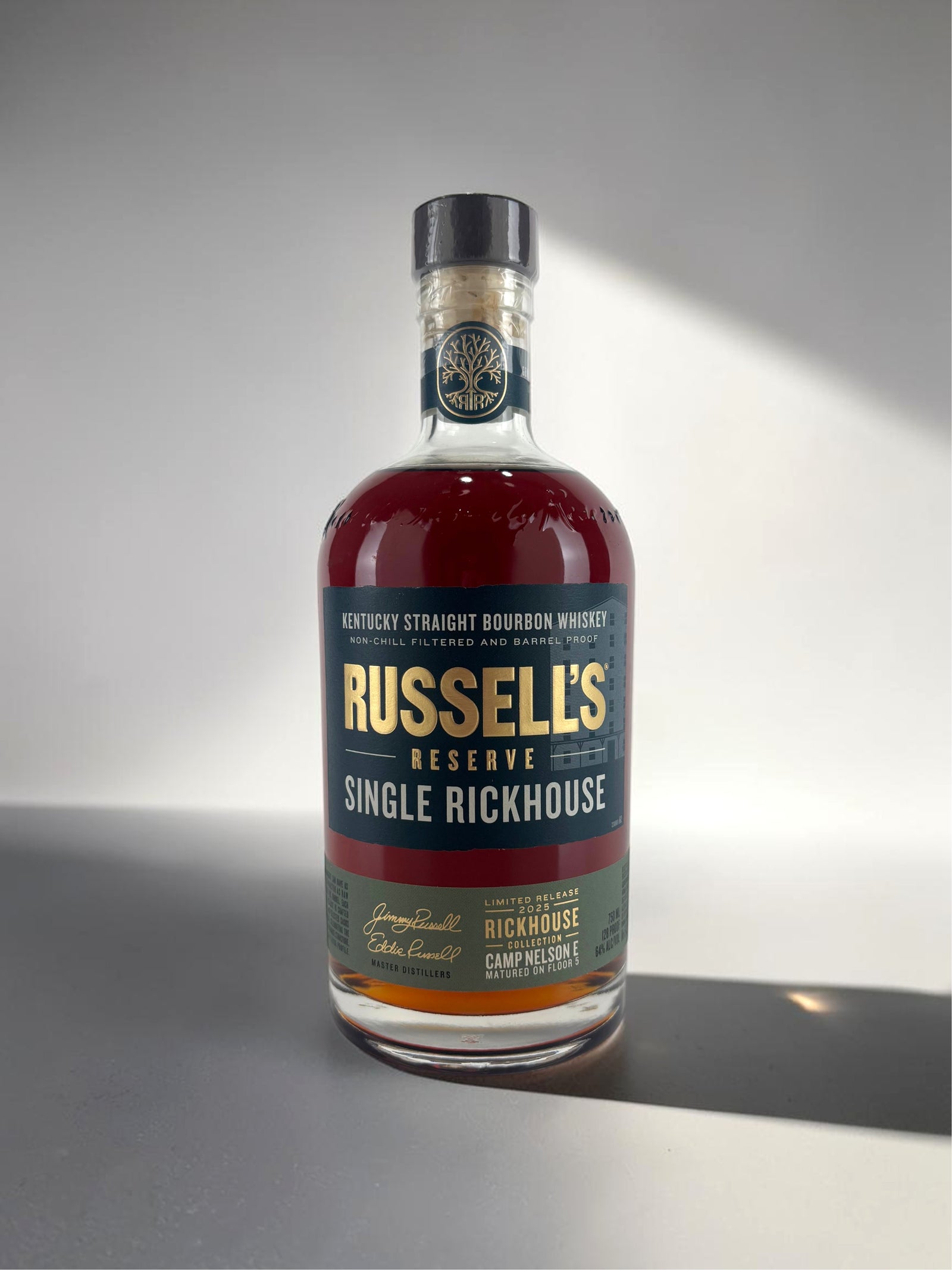  Primary
Russell's Reserve Single Rickhouse Camp Nelson C Kentucky Straight Bourbon bottle, front label.