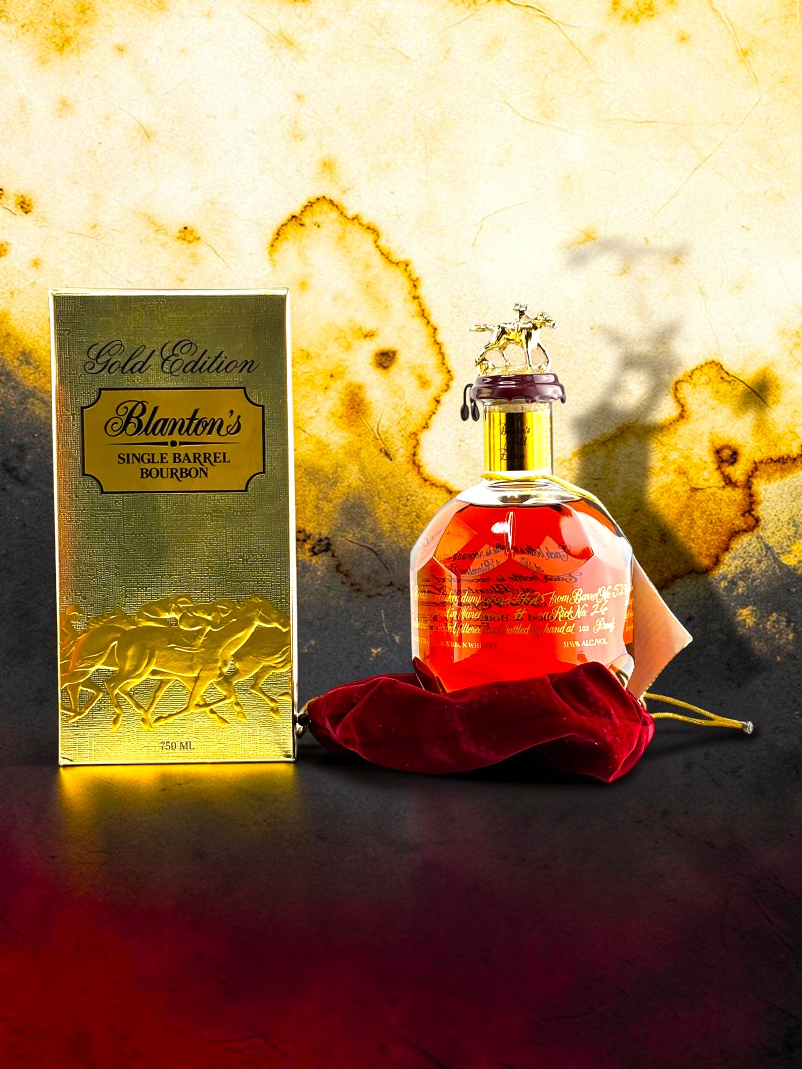 Primary
Blanton's Takara Gold Edition Japanese export bourbon bottle with red wax seal.