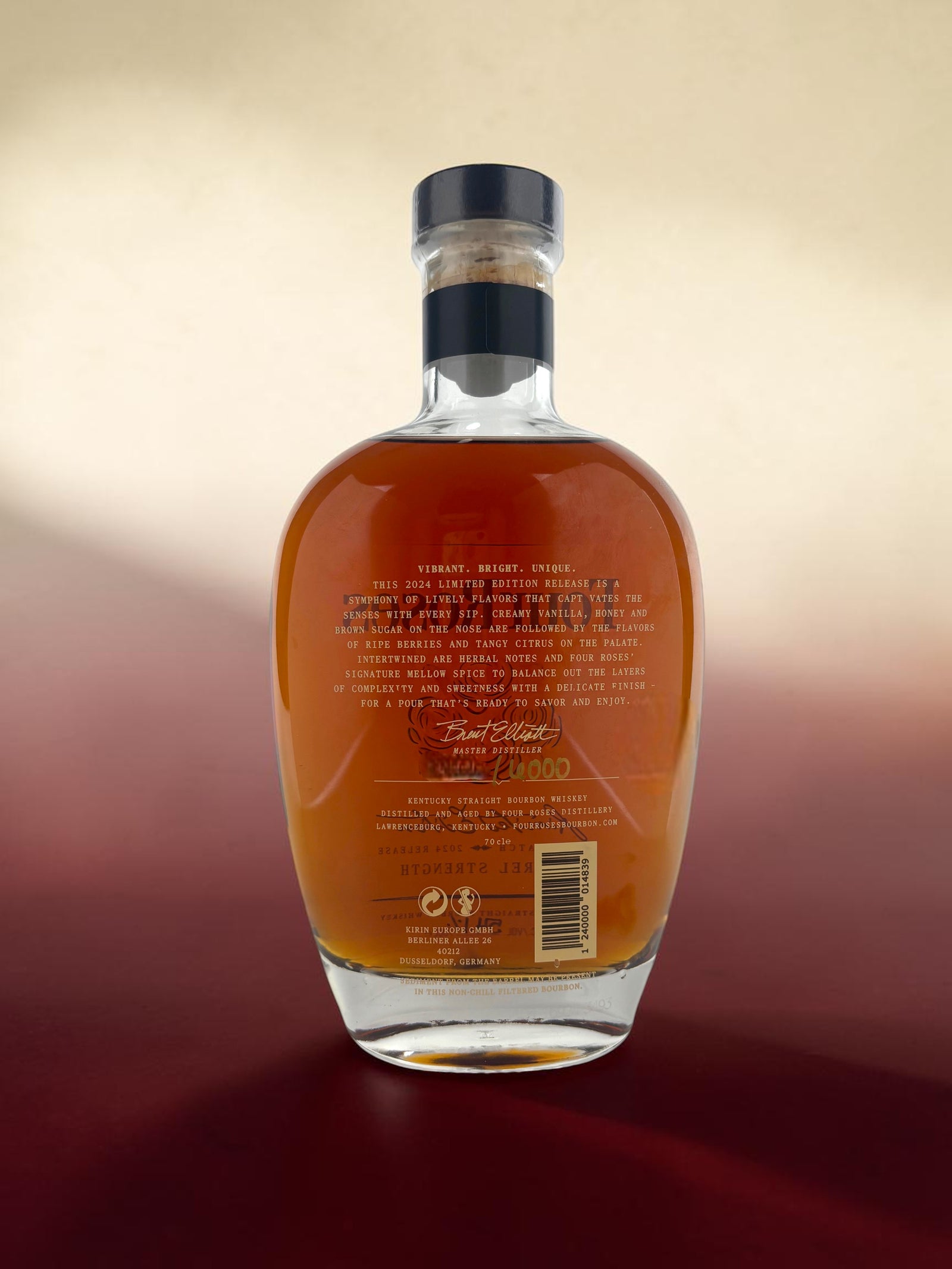 Four Roses 2024 Limited Edition back label showing recipe blend and proof statement.

