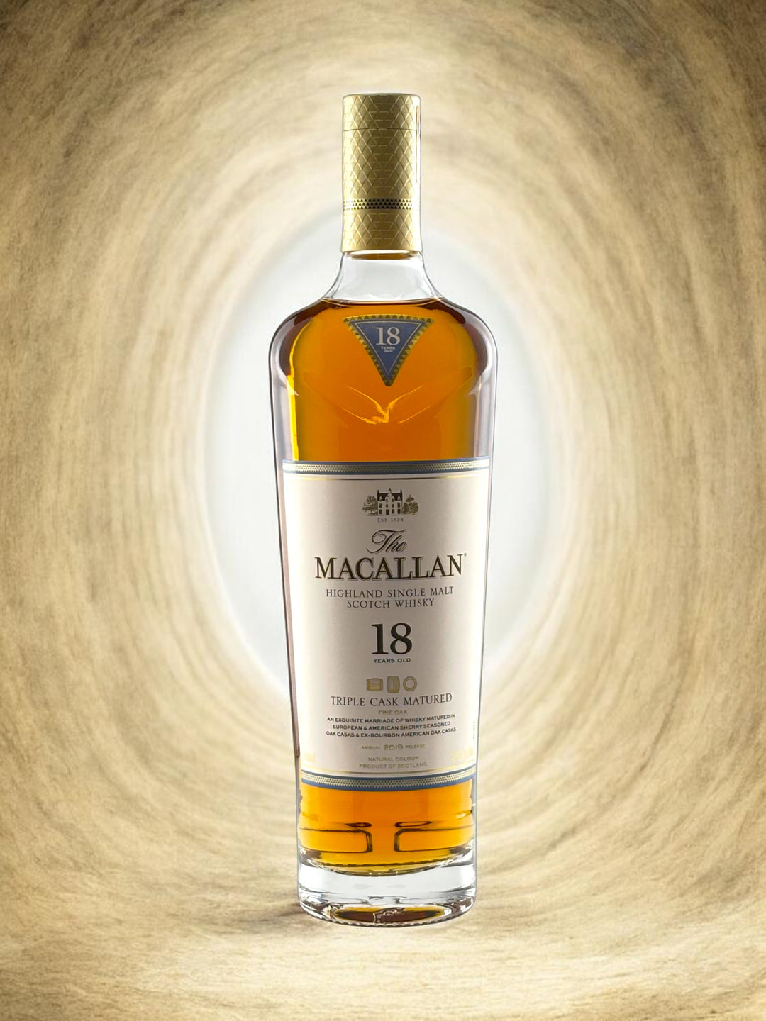 Primary
Macallan 18 Year Old Sherry Oak 2025 Release Speyside single malt Scotch bottle, front label.